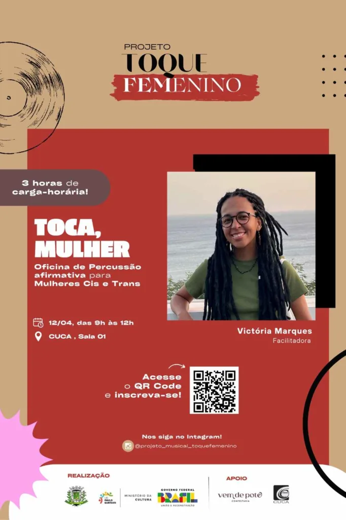 “Toca, Mulher”: Oficina de percussão para mulheres acontece no dia 12 de abril