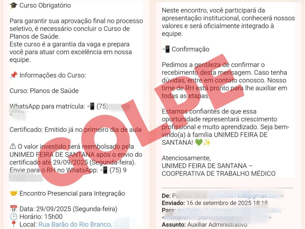 Alerta de golpe: falsas mensagens prometem emprego na Unimed Feira de Santana e pedem pagamento de curso