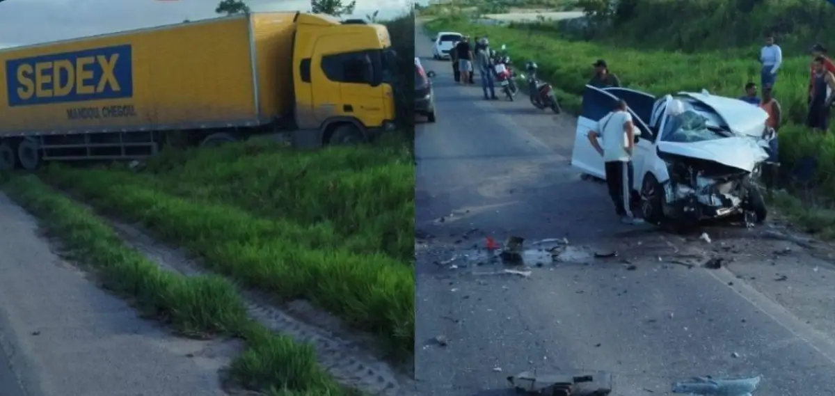 Homem morre e três ficam feridos em acidente entre caminhão dos Correios e carro na BR-101 em Alagoinhas