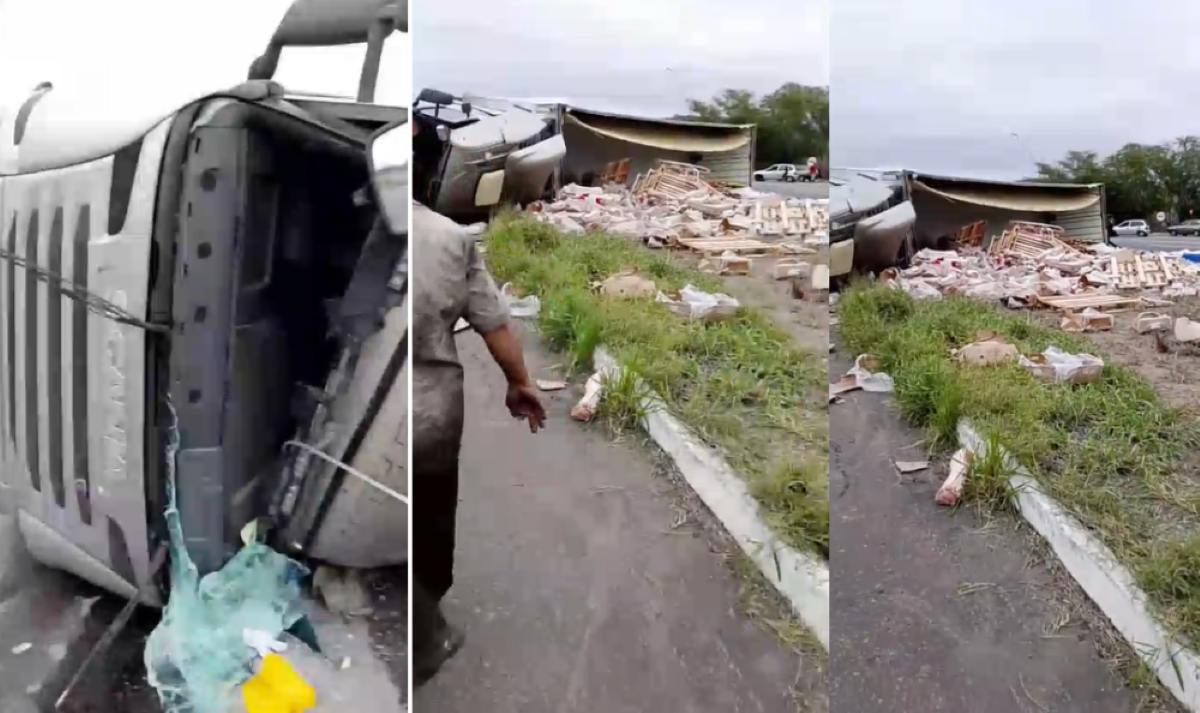 Carreta com carne suína tomba na BR-116 e carga é saqueada