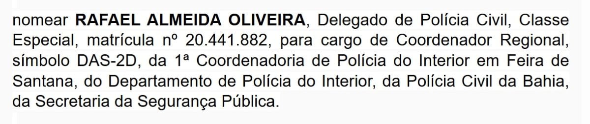 nomeação delegado Rafael Almeida Oliveira
