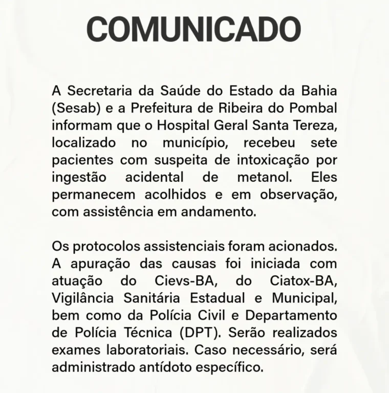 Sete pessoas dão entrada em hospital com suspeita de intoxicação por metanol