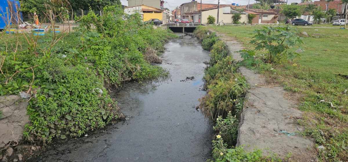 Com mato, terra e lama, situação do canal da Rua Lopes Rodrigues preocupa moradores do bairro Irmã Dulce