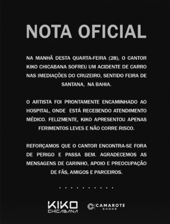 Cantor Kiko, da banda Chicabana, sofre acidente de carro em Feira de Santana