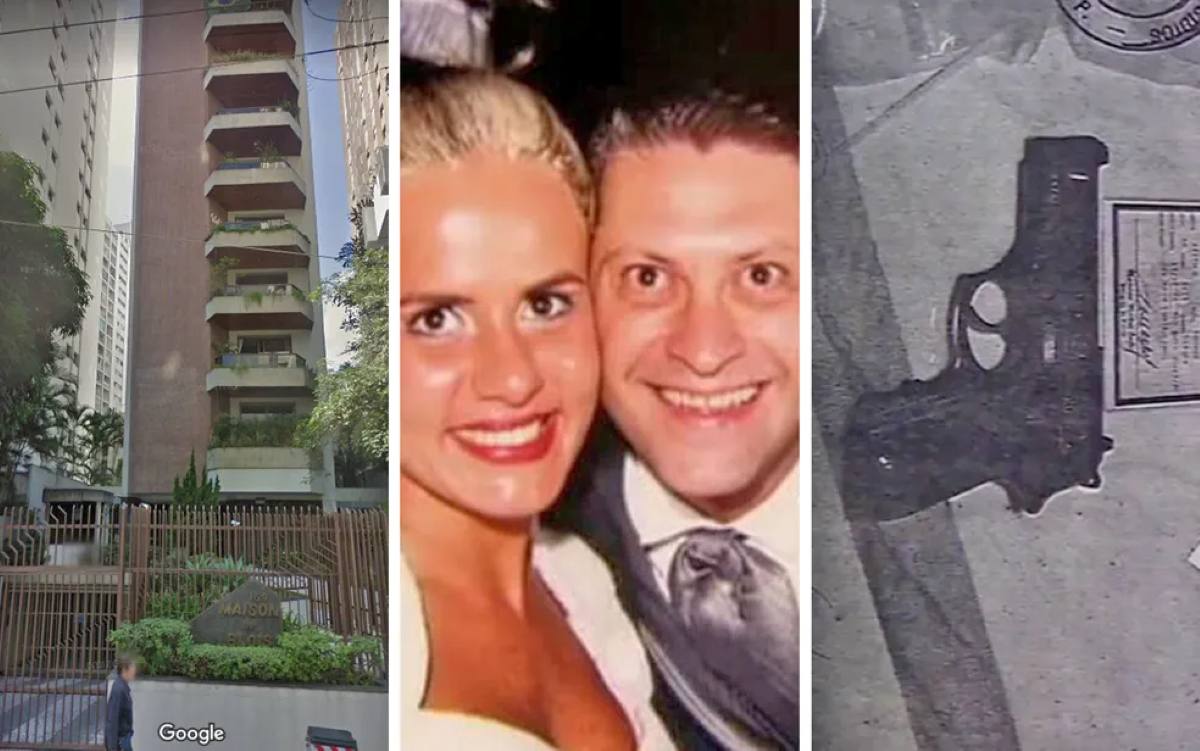 Da esquerda para a direita: prédio onde casal Fernanda Orfali e Sergio Nahas moravam e arma de empresário: ele é acusado de assassinato, mas alega que mulher se suicidou em 2002 | Fotos: Montagem: Google Maps/ Arquivo Pessoal / Polícia Civil