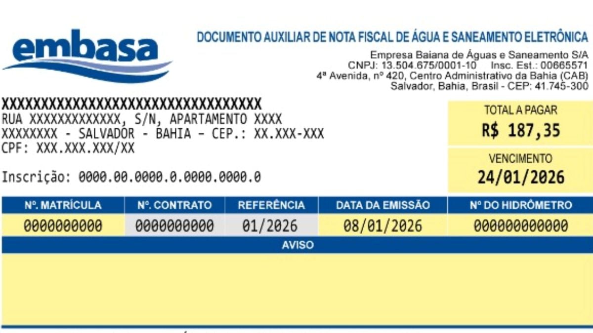 Nova conta da Embasa 2026