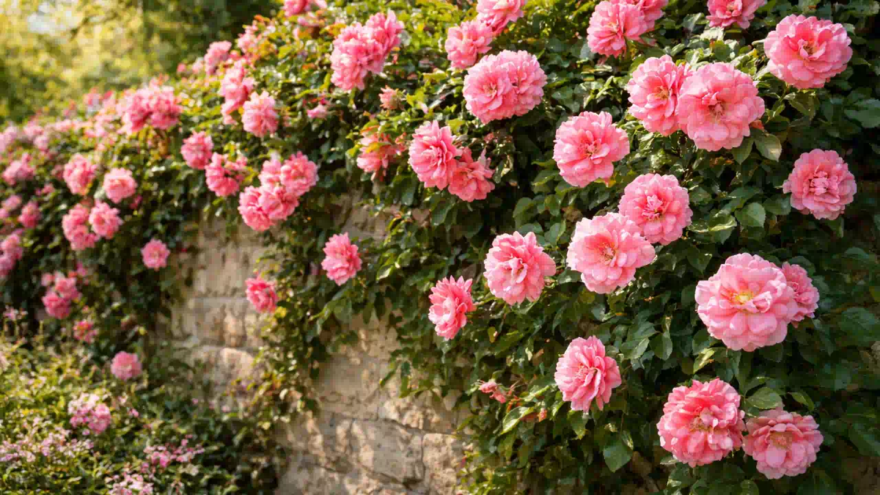 3 suportes estratégicos para a rosa trepadeira formar uma parede florida mais densa e impedir falhas visíveis no muro