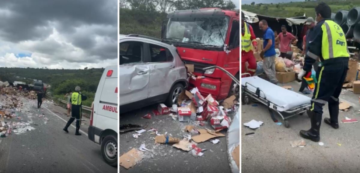 Condutor fica ferido após acidente entre carreta, caminhão e carro na BR-116, no trecho entre Irajuba e Brejões
