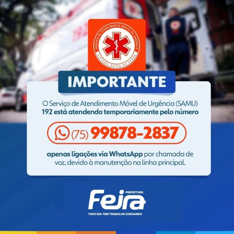 Samu passa a atender pelo número 75 99878.2837