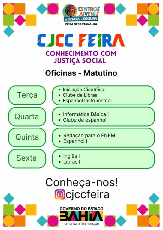 CJCC Feira abre inscrições para oficinas gratuitas