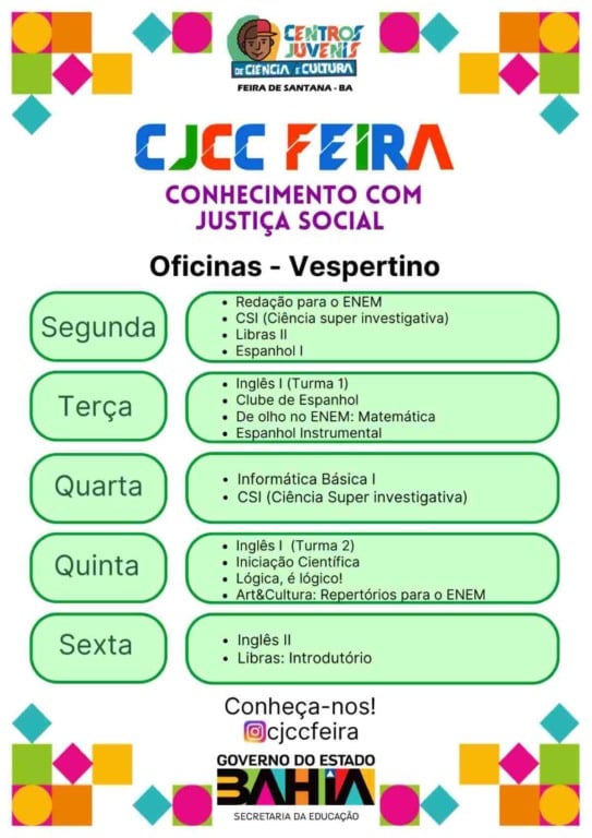 CJCC Feira abre inscrições para oficinas gratuitas