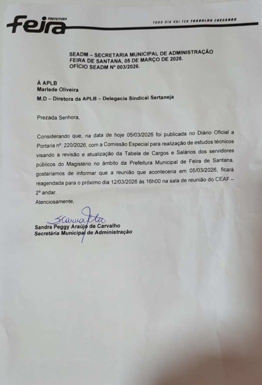 Ofício entregue por Sandra Peggy a Marlede Oliveira