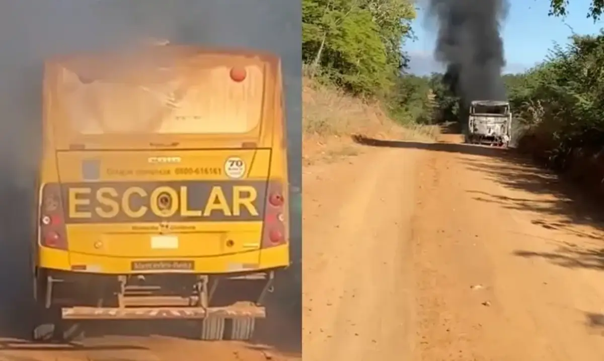 Ônibus escolar pega fogo e é destruído durante transporte de estudantes no sudoeste baiano