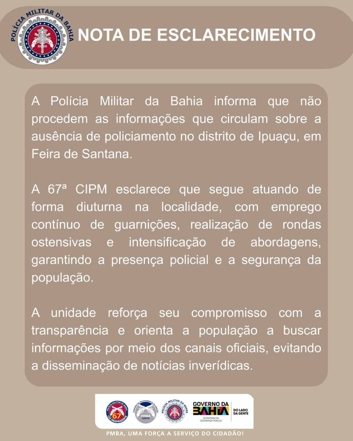 Nota da PM sobre assaltos em Ipuaçu