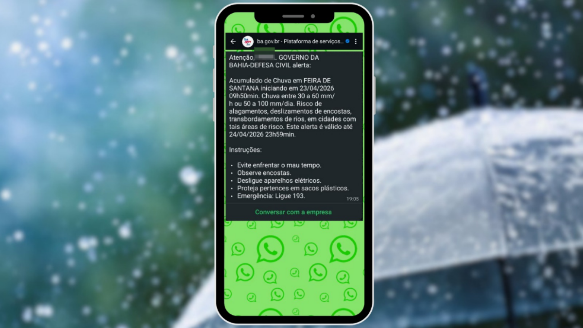 Mensagem da Defesa Civil com alerta de chuva intensa para Feira de Santana 