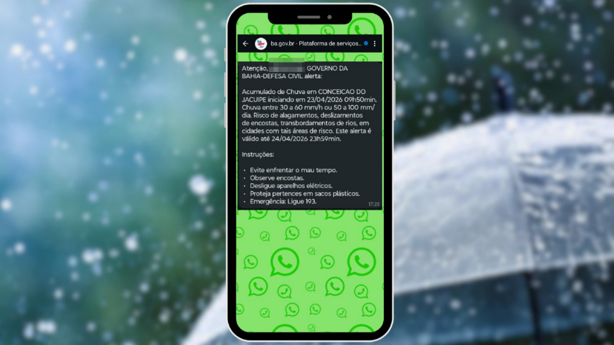 Mensagem da Defesa Civil com alerta de chuva intensa para Conceição do Jacuípe