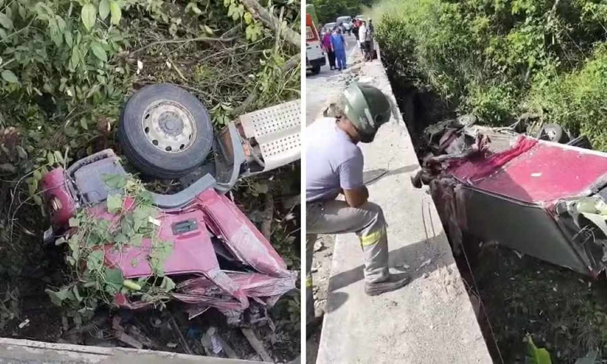 Caminhão cai em ribanceira e deixa motorista morto e passageiro gravemente ferido em Eunápolis