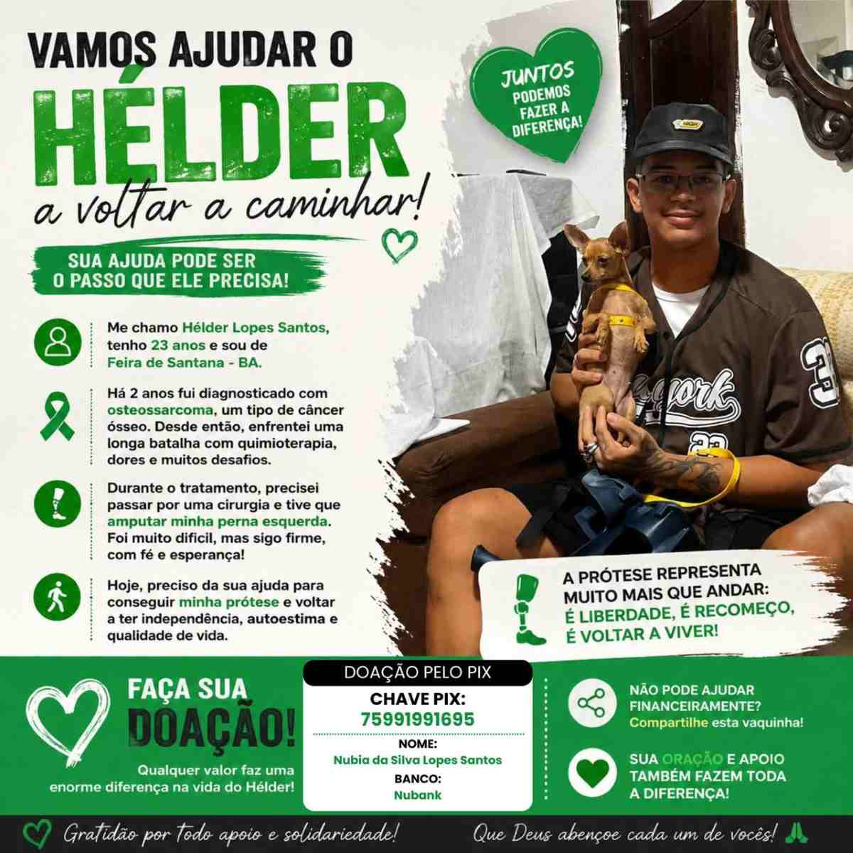 Jovem com câncer nos ossos realiza vaquinha para comprar prótese para perna