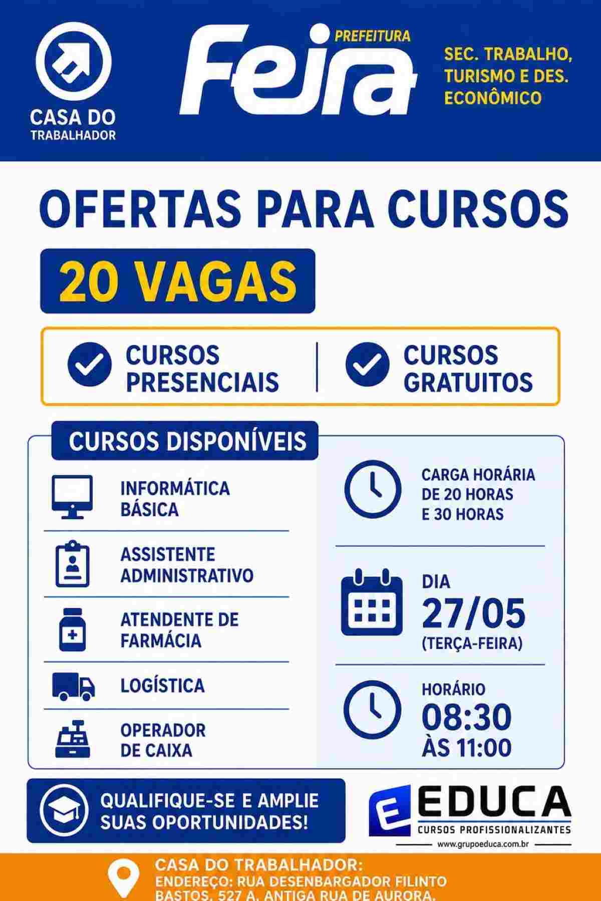 vagas para cursos da casa do Trabalhador