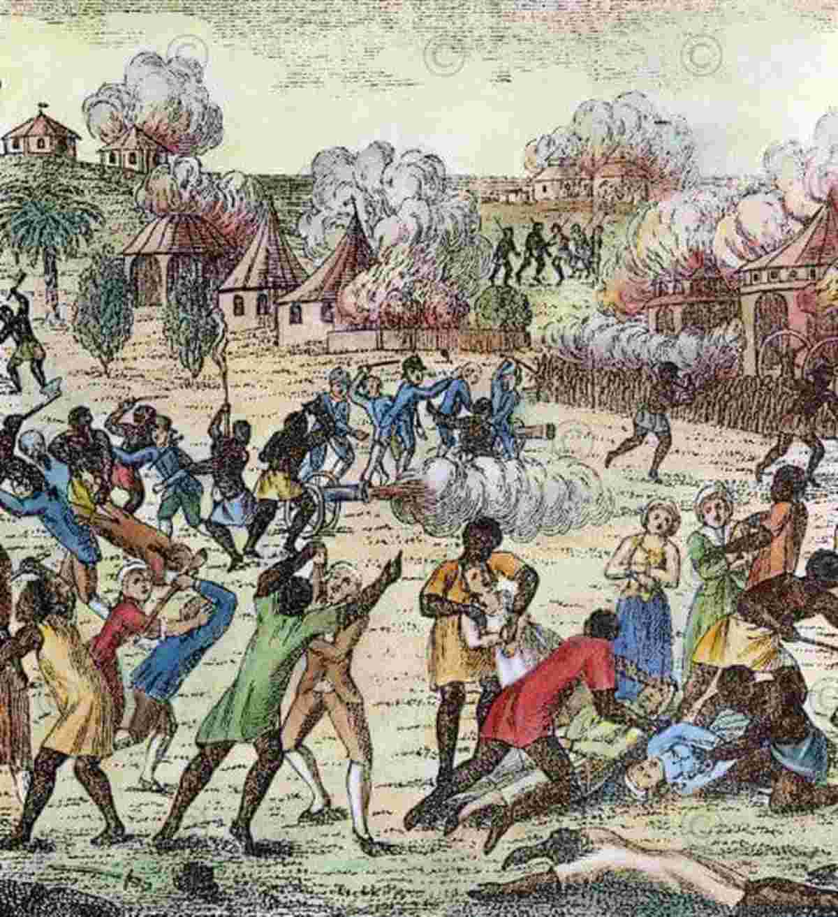 A imagem, de cerca de 1797, representa as limitações da liberdade da democracia francesa em solo haitiano. Archives départementales de la Gironde