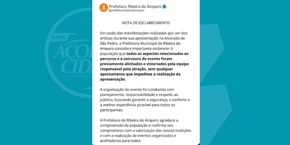 Nota da Prefeitura de Ribeira do Amparo sobre Igor Kannário ter cancelado show no município