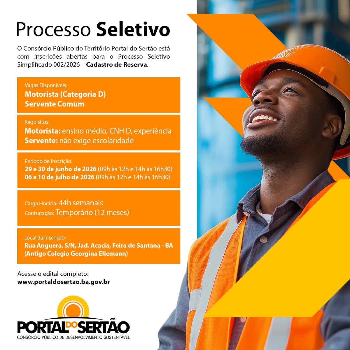 Consórcio Portal do Sertão abre seleção para cadastro reserva de motoristas e serventes