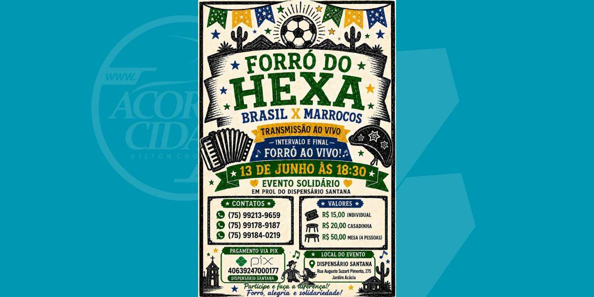 Forró do Hexa une transmissão de Brasil x Marrocos, música e solidariedade no Dispensário Santana