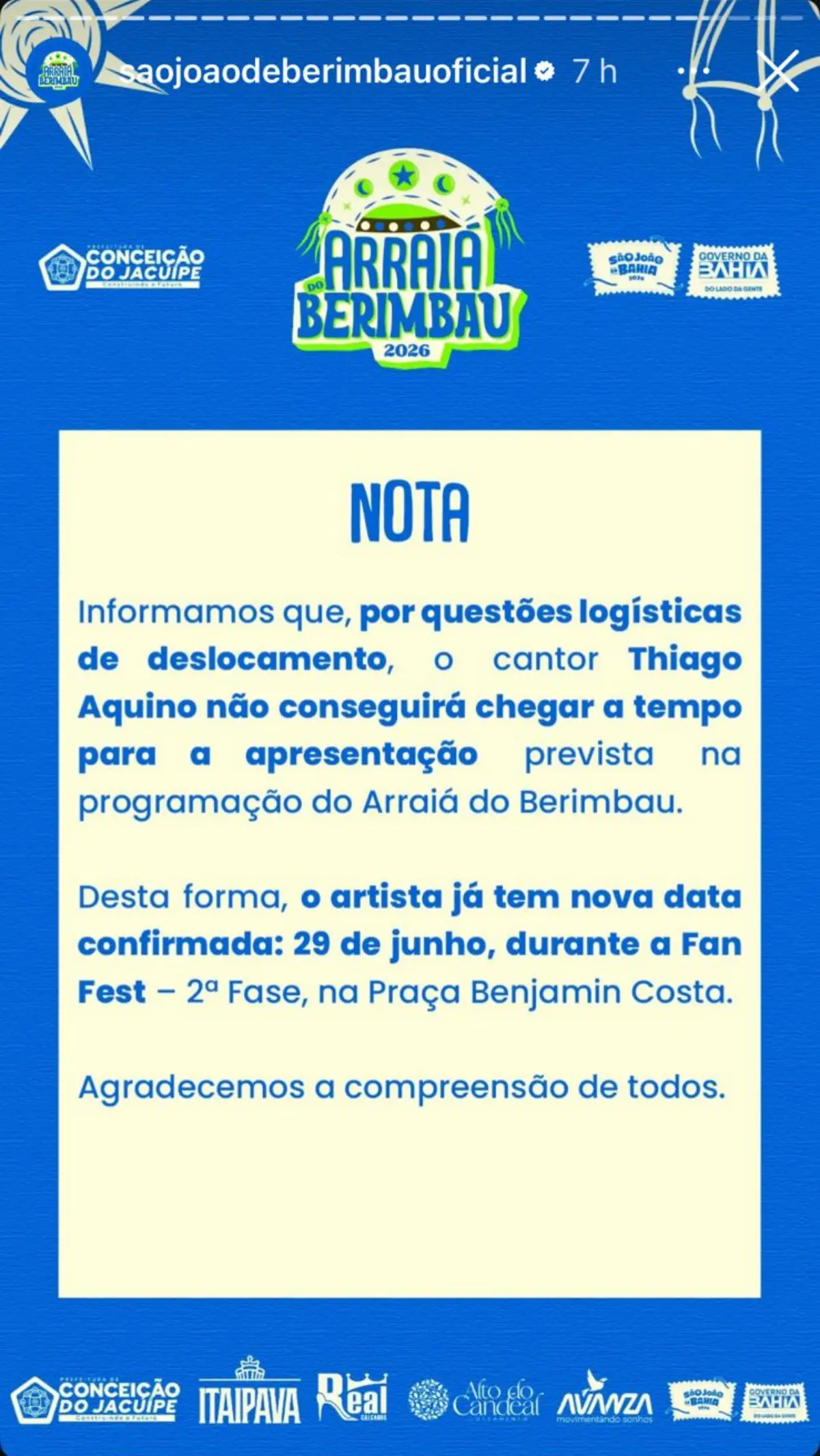 Thiago Aquino não se apresenta no Arraiá do Berimbau; show é remarcado