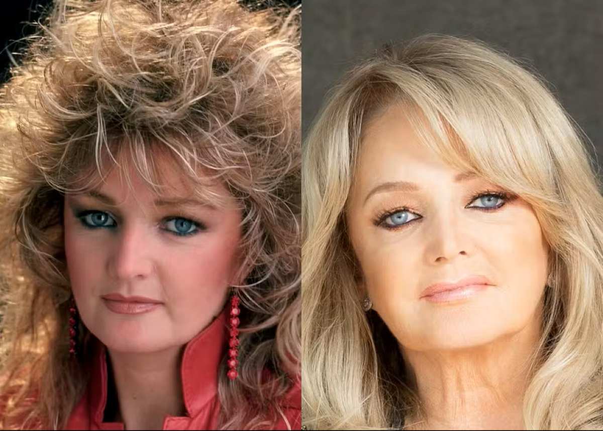 A cantora galesa Bonnie Tyler nos anos 80 e em foto recente