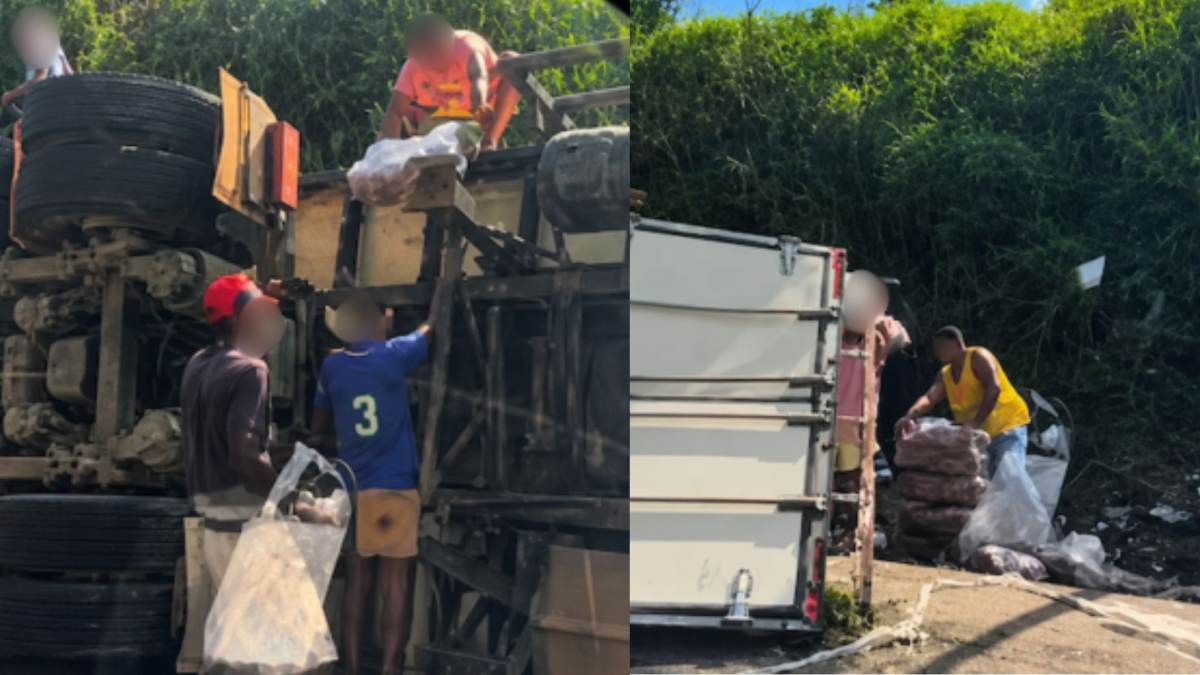 Carga de frangos é saqueada após caminhão tombar na BR-101