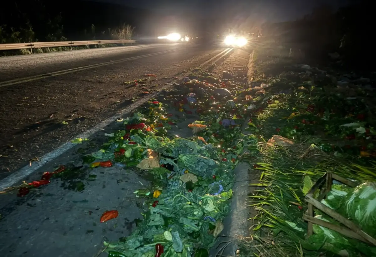 Caminhão carregado de verduras se envolve em acidente; carga fica espalhada na BR-116