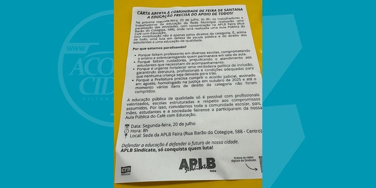 Carta da APLB sobre paralisação em 20 de julho