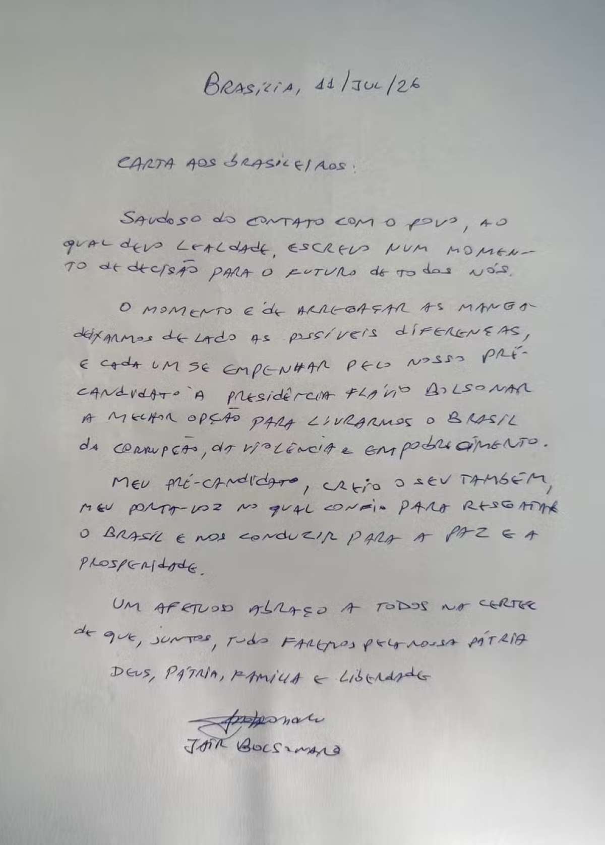 Carta escrita pelo ex-presidente Jair Bolsonaro e lida pelo senador Flávio Bolsonaro neste sábado (11)