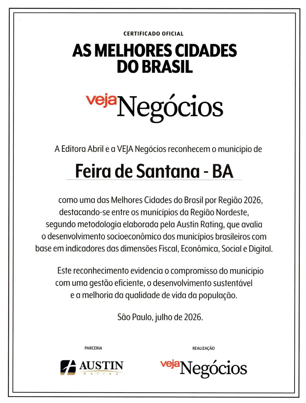 Veja Negócios aponta Feira de Santana como uma das melhores cidades do Brasil