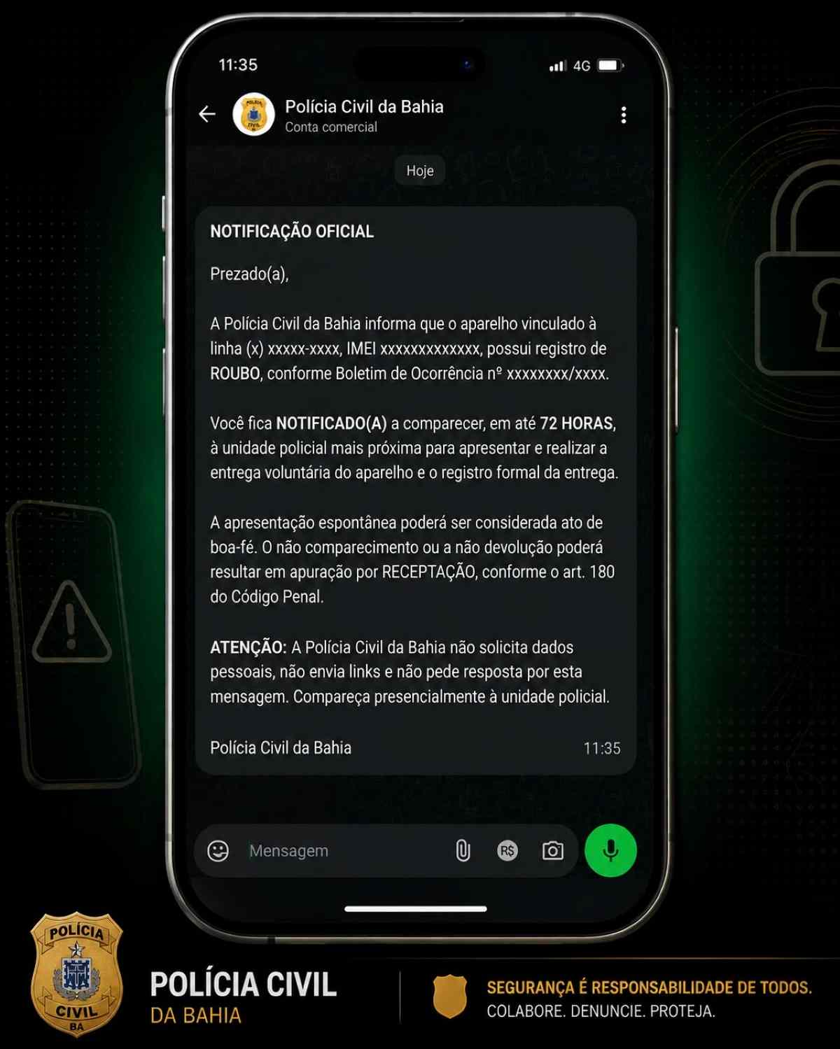 Polícia Civil alerta para golpe com falsas mensagens de recuperação de celulares; veja modelo