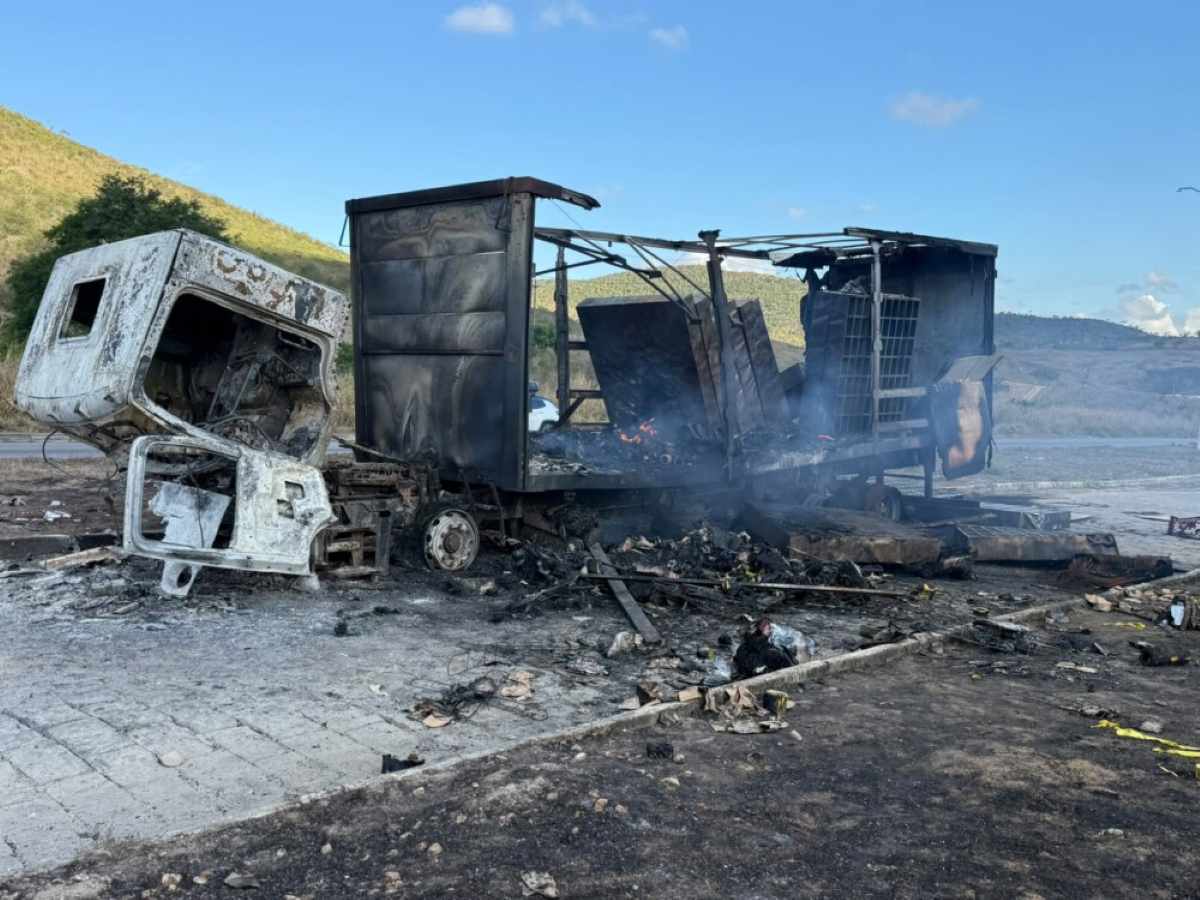 Caminhão que transportava eletrônicos pega fogo e fica totalmente destruído na BR-116