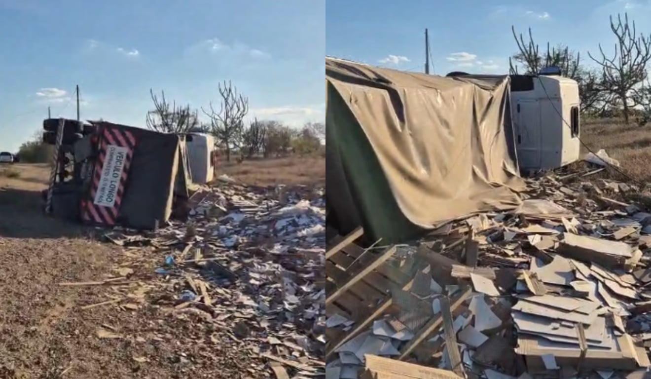 Caminhão tomba após colidir em poste na estrada de Riachão do Jacuípe