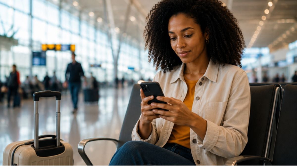 Mulher acessando a internet em local público