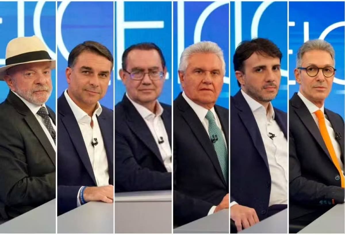 Candidatos à Presidência: Lula, Flávio Bolsonaro, Augusto Cury, Ronaldo Caiado, Renan Santos e Romeu Zema