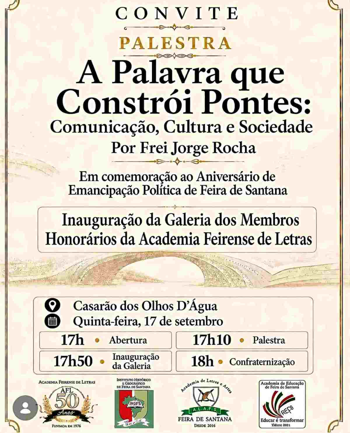 Palestra “A Palavra que Constrói Pontes” será realizada em Feira de Santana na próxima quinta (17)
