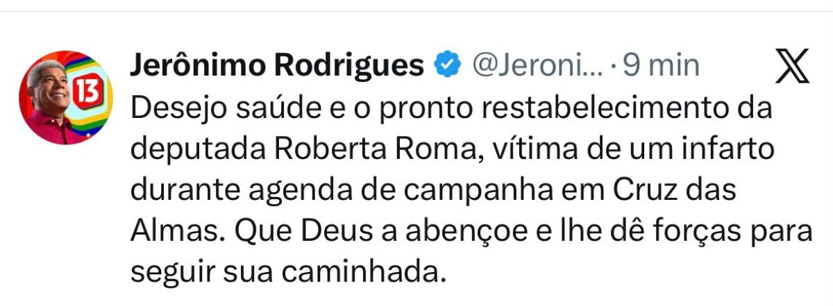 Tweet de Jerônimo Rodrigues sobre Roberta Roma 