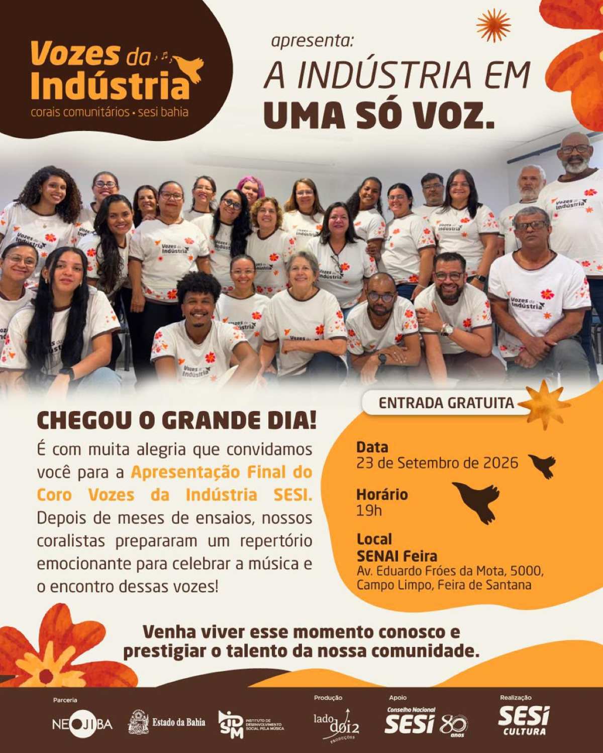 Coral do Sesi reúne três cidades da Bahia, incluindo Feira de Santana, em apresentação simultânea nesta quarta-feira