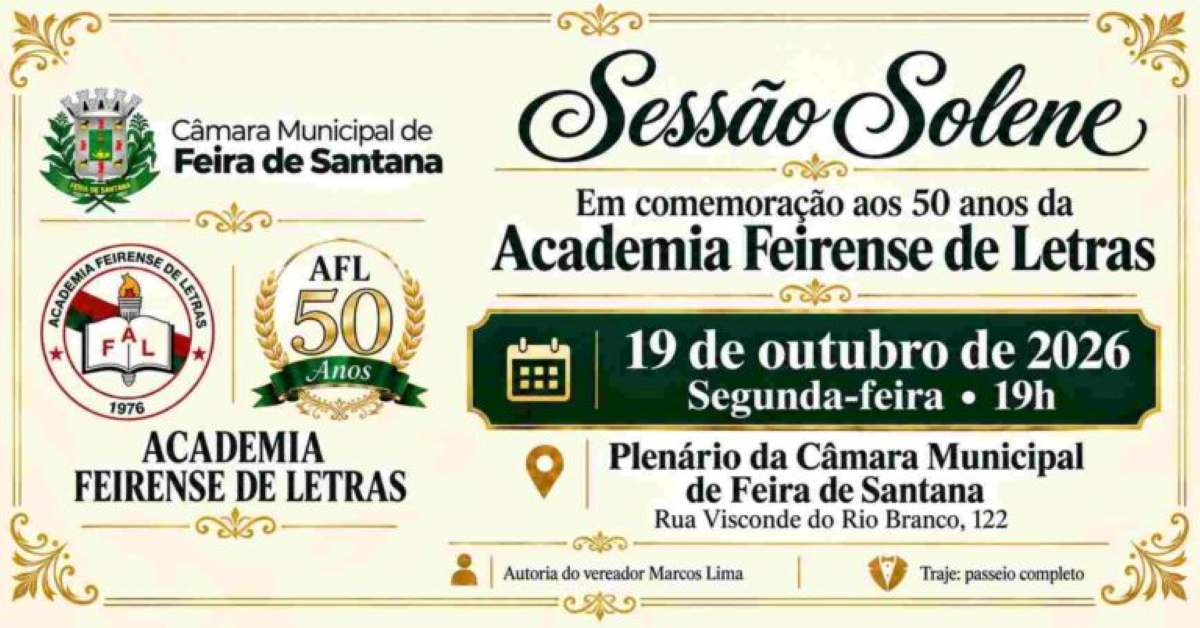 Câmara Municipal realiza homenagem aos 50 anos da Academia Feirense de Letras em sessão solene 