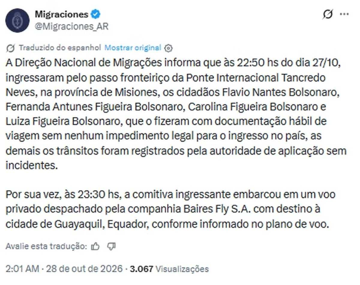 Comunicado governo da Argentina sobre fuga de Flávio Bolsonaro