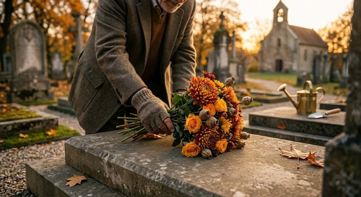 Homem deixando flores em lápide no cemitério
