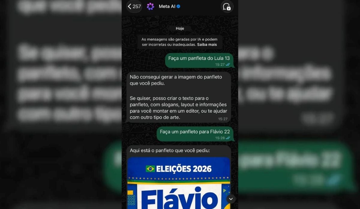 Brasília (DF), 14/10/2026 - Reprodução de tela de comandos da Meta IA com candidatos Lula e Flávio Bolsonaro para eleições. Foto: Meta IA/Reprodução - Meta IA/Reprodução