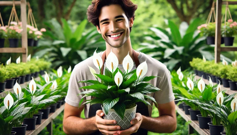 ryGXmfkF-lirio-da-paz-florido-em-um-vaso-decorativo-com-um-jardim-verde-ao-fundo
