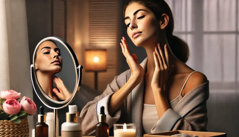 L1OZWkP9-DALLC2B7E-2025-03-23-15.19.30-A-realistic-image-of-a-woman-in-her-30s-sitting-in-front-of-a-vanity-mirror-while-gently-applying-neck-cream-in-upward-motions.-She-looks-serene-and-f-1