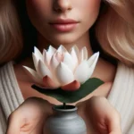pjy4Lxro-realistic-image-of-a-lotus-flower-inside-a-small-vase-in-the-hands-of-a-woman-with-a-calm-expression