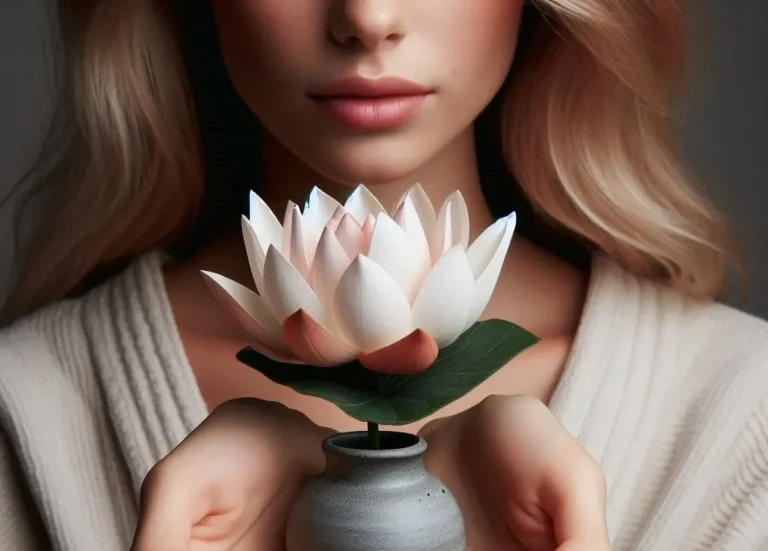 pjy4Lxro-realistic-image-of-a-lotus-flower-inside-a-small-vase-in-the-hands-of-a-woman-with-a-calm-expression